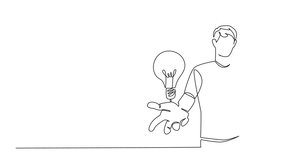 Animated self drawing of single continuous line drawing a man opens his palm and a light bulb floats above his palm. Giving a very brilliant idea. National Creativity Day. Full length animation - Powered by Shutterstock - Get 15% off with code: PIKWIZARD15