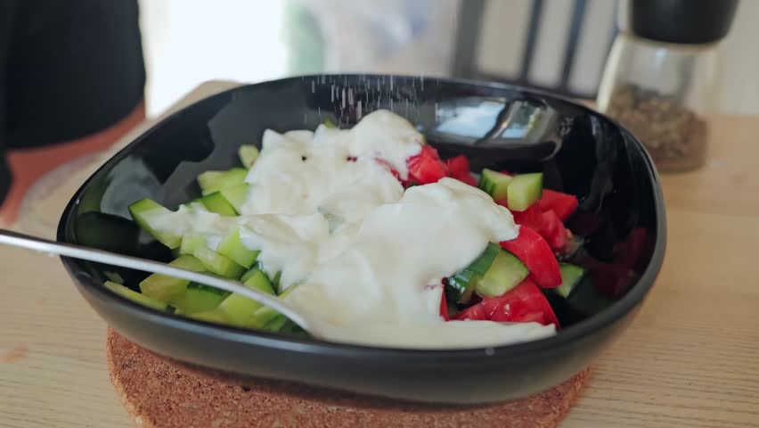 Close up slow motion of sprinkling salt on creamy cucumber tomato salad