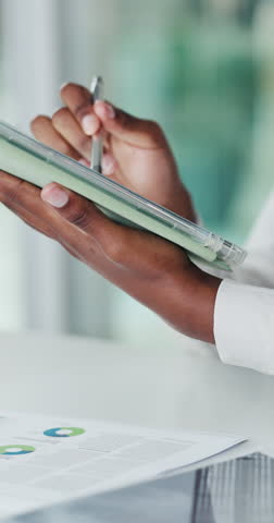 Pen, documents and hands of business person on tablet for finance review, statistics or profit growth. Corporate, financial agency and worker on tech for online report, budget or research with stylus