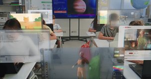 Schoolchildren Using Augmented Reality For Creative Digital Learning. Boys and Girl in Futuristic Classroom Explore AR and Digital Design Tools. Screens Show 3D Models, Animation, Code. Dolly Shot. - Powered by Shutterstock - Get 15% off with code: PIKWIZARD15