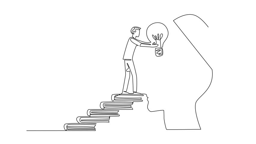 Self drawing animation of single one line drawing a man walks carry a big lightbulb towards a silhouette of a head with an open top. Creative memory. National Creativity Day. Full length animated