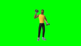 3D animation of Denzel Noir lifting dumbbells in a gym workout pose, perfect for fitness, health, and training themed digital assets with green screen background.
 - Powered by Shutterstock - Get 15% off with code: PIKWIZARD15