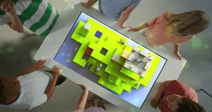Group of Schoolchildren Exploring 3D World. Classroom Filled With Positive Atmosphere, Teamwork, Bright Augmented Reality Elements. Concept STEM Learning, Fusion of Play and Technology. Top View. - Powered by Shutterstock - Get 15% off with code: PIKWIZARD15