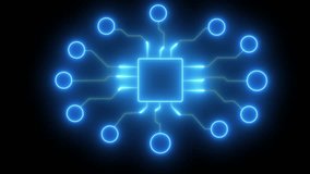 Abstract Blue Neon Circuit Board with Central Square and Circular Nodes technology - Powered by Shutterstock - Get 15% off with code: PIKWIZARD15