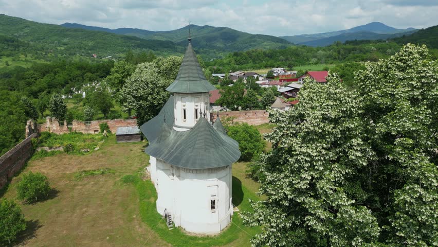 Scenic And Historic Landscapes Of The 17th-century Mera Monastery In Vrancea County, Romania. Aerial Rotate Shot