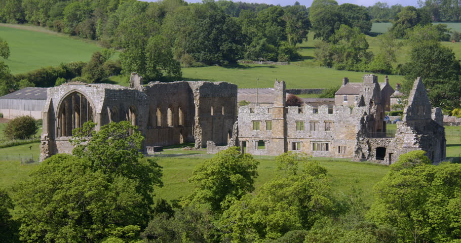 wide shot of Egglestone abbey with trees in foreground