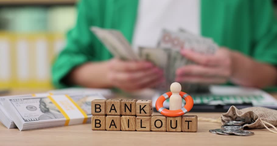 Examining the concept of bank bailout in a financial setting with currency and visuals