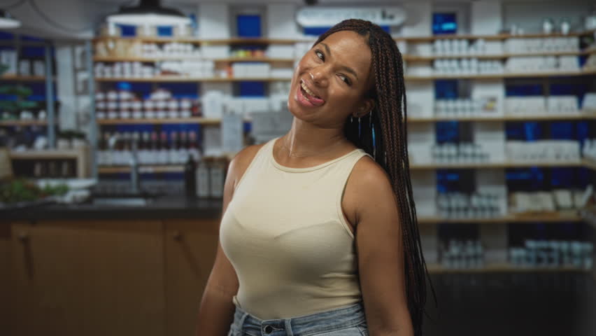 Woman showing cleavage smiling in pharmacy shelving with products and counter in view; warmth wellness.