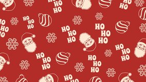 Looping 4K Christmas animation with red background, Santa faces, snowflakes, ornaments, and “Ho Ho Ho” text pattern. Perfect for festive backgrounds, wrapping visuals, and holiday video greetings. - Powered by Shutterstock - Get 15% off with code: PIKWIZARD15