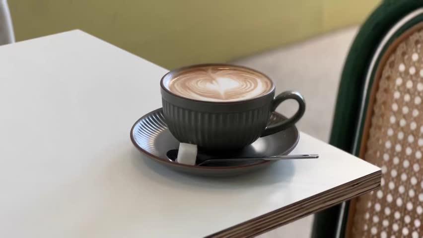 Hot cup of coffee in green premium cup and saucer on table in a modern cafe setting