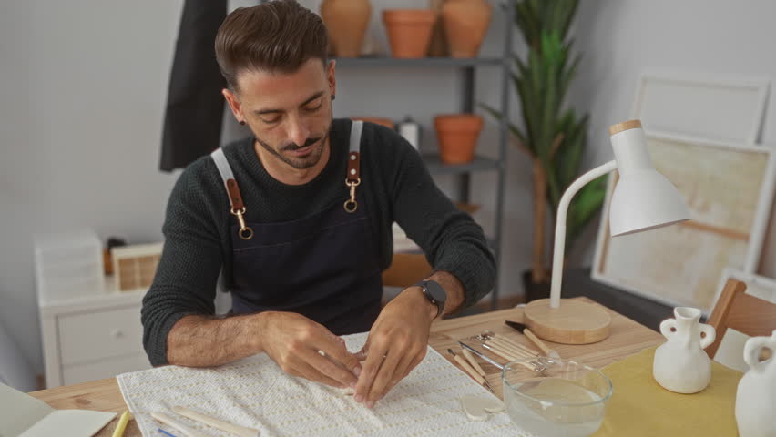Hispanic man shapes clay sculpture with bare hands on a wooden table in a bright studio; creative focus.