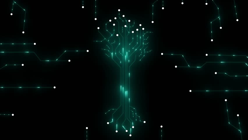 Displaying central neon green circuit tree overlaying valley landscape at dusk with circuit traces. neon line circuit animation on a black background. 4k