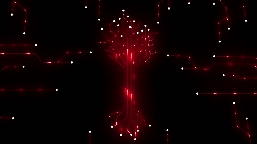 Displaying central neon green circuit tree overlaying valley landscape at dusk with circuit traces. neon line circuit animation on a black background. 4k