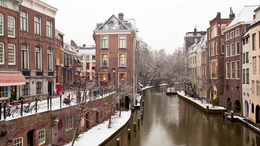 Canal in Utrecht, Netherlands. Old Dutch houses along the canal.