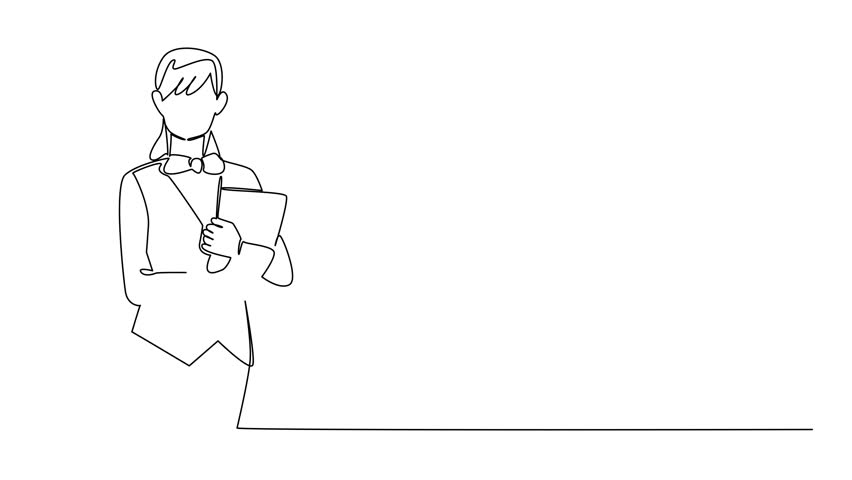 Animation of single one line drawing a waitress crossed her arms in front of her chest while carrying a menu. Service. National Waiters Day. Continuous line self drawing animated. Full length motion