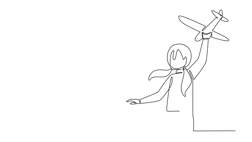 Self drawing animation of single one line drawing rear view, a girl running while holding toy airplane raised up. Trying to fly with joy. Fun. Outdoor. International Day of Boys. Full length animated