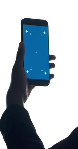 Scroll, blue screen or person in studio with phone, advertisement or app in ux design. Closeup, digital or hands on white background with technology, chroma key or mock up on smartphone display.