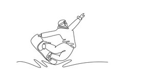 Animated self drawing of continuous line draw male snowboarder launching into the air off ramp or mound, with one arm raised and board tucked, dynamic jump or trick. Full length single line animation - Powered by Shutterstock - Get 15% off with code: PIKWIZARD15