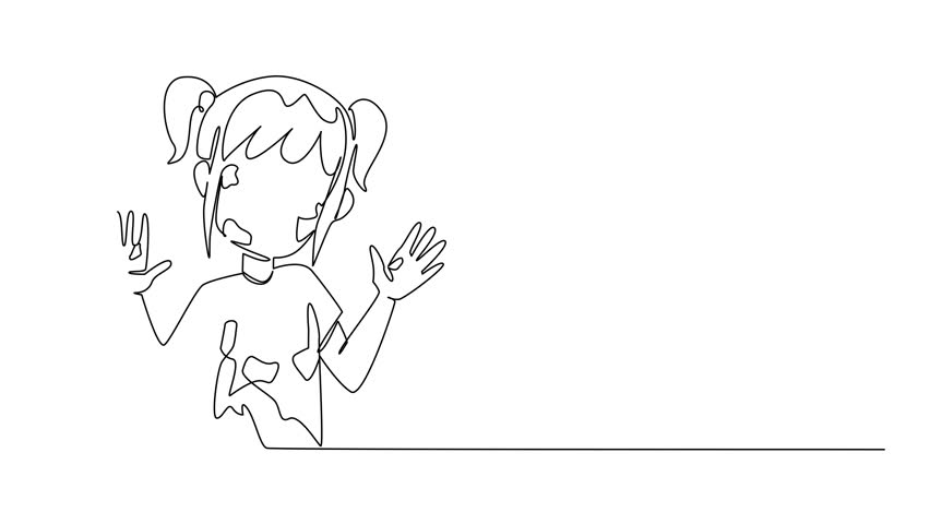 Animated self drawing of continuous line drawing a girl wear tshirt shows her hands and face which are full of scribbles. Dirty becomes a good thing. Drawing Day. Full length single line animation