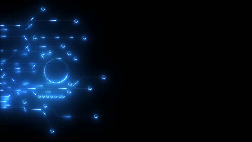 Displaying neon-blue circuit network AI, AI agents, sub agents, various digital functions through on a black background, copy space