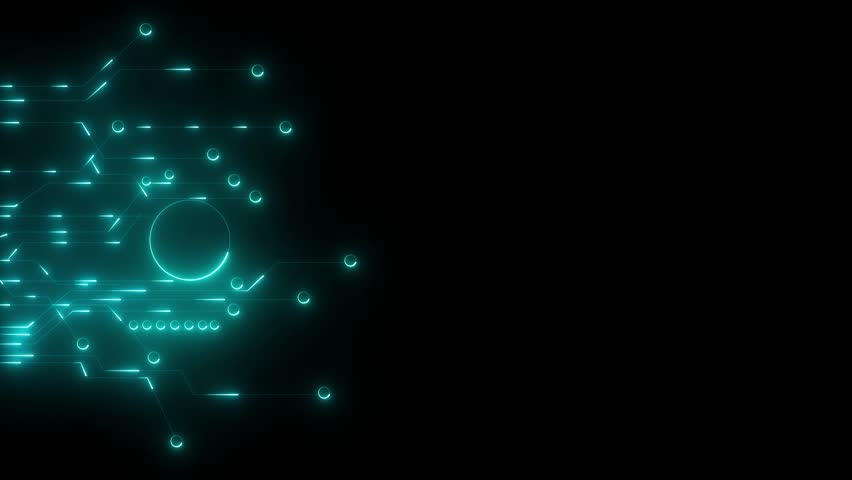 Displaying neon-blue circuit network AI, AI agents, sub agents, various digital functions through on a black background, copy space