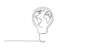 Animated self drawing of single one line drawing a light bulb with globe in the middle. Campaign to save earth by using energy as needed. International Day of Light. Full length single line animation - Powered by Shutterstock - Get 15% off with code: PIKWIZARD15