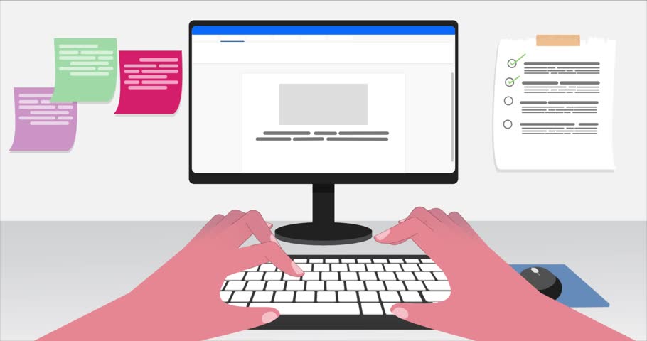 Animated Hands Typing Loop. 2D Animation of Hands and Keyboard for Business and Technology Concepts.