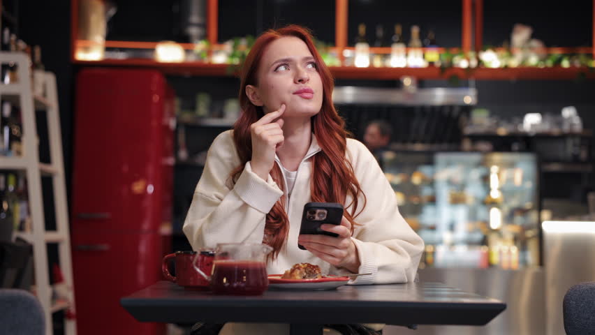 Thoughtful red-haired woman touching chin while holding smartphone at cafe table. Looking upward with pursed lips. Reflecting on message or deciding reply while enjoying break with dessert.