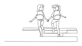 Animated self drawing of continuous one line drawing 2 girls carrying backpacks holding hands walking up the stairs. True friendship. Walk Safely To School Day. Full length single line animation - Powered by Shutterstock - Get 15% off with code: PIKWIZARD15