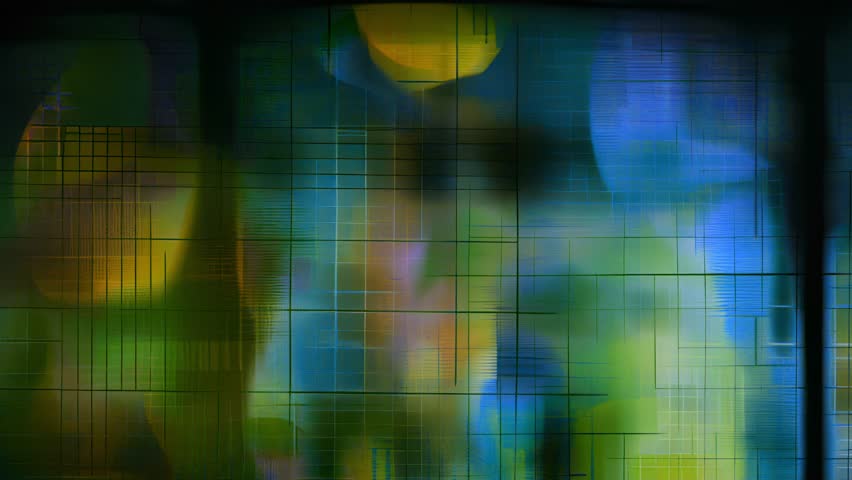 Cyberpunk data grid with green blue matrix blocks, vertical smear, RGB noise, soft parallax and subtle glitch scanlines, holographic tech texture for futuristic digital overlay, abstract 4K background