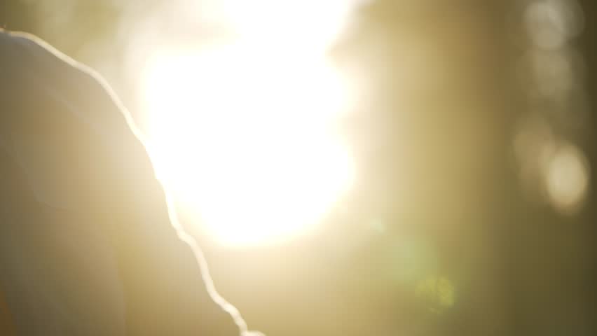 Silhouette of a runner checking workout results on a smartwatch, a close-up of his hands against the bright sun. The athlete is tracking his fitness progress after an outdoor training session
