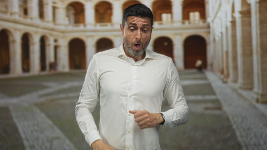 Man coughing into fist in old town building courtyard wearing white shirt and wristwatch; concern health.