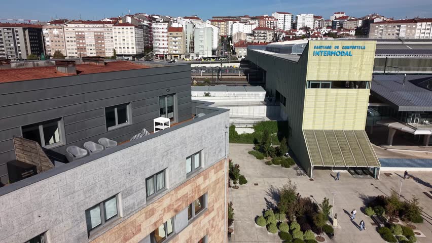 Aerial drone view of the Santiago de Compostela intermodal bus station. 4K on a sunny day 1of 5