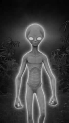 Glowing alien figure with surreal cosmic light, mysterious extraterrestrial energy field, sci-fi portal vortex animation, seamless loop, otherworldly presence