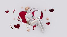 Modern 3D animation of woman sitting with laptop surrounded by red hearts, symbolizing online love, digital romance, communication, connection, technology and virtual relationships in modern life. - Powered by Shutterstock - Get 15% off with code: PIKWIZARD15