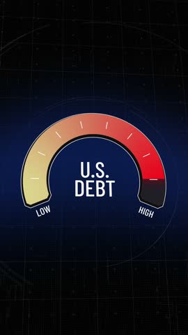 Meter measures United States debt, national deficit or financial crisis on digital gauge, reading changes from low to high and back, problems with repayment, bankruptcy, fiscal budget. Copy space.