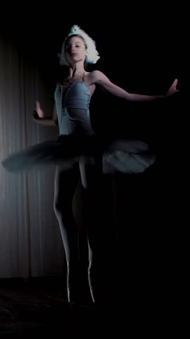 In rays of spotlight, on the stage of the old theater hall. Young ballerina in suit of white swan and pointe shoes, dances elegantly certain ballet motion, Swan Lake.