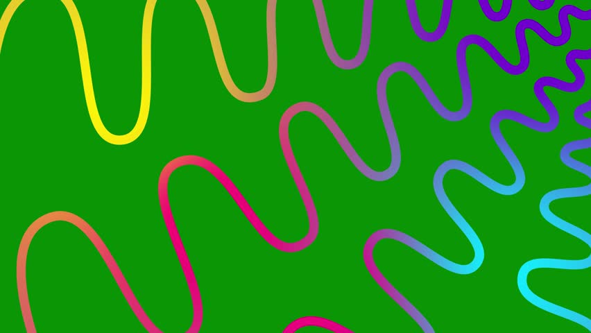 Animated colorful decorative wavy lines is drawn. Linear multicolor background. Looped video. Vector illustration isolated on green background.