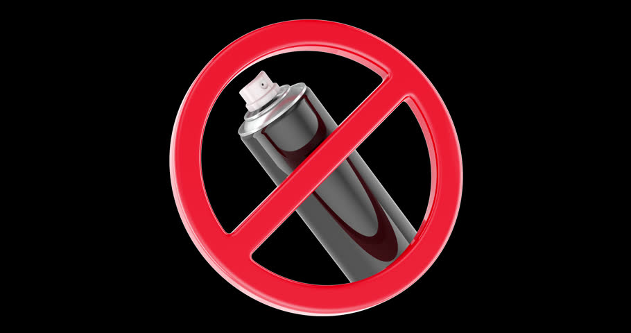 Spray can inside a red prohibited sign, rotation animation, seamlessly loopable. 3D rendering