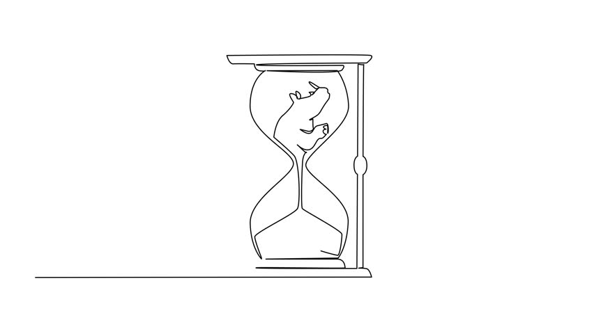 Animation of single one line drawing the bottom of the rhinoceros is sucked into the hourglass. Extinction. National Endangered Species Day. Continuous line self drawing animated. Full length motion