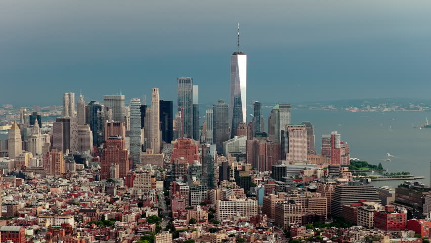 Aerial View of New York City's Iconic Skyscrapers and Hudson River at Late Afternoon Feat. One World Trade Center