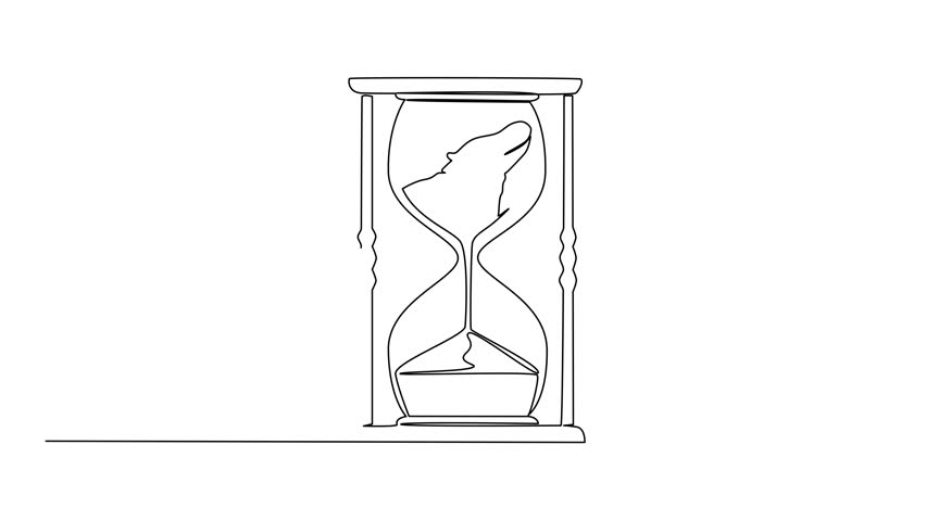 Animation of single one line drawing lower body of hippopotamus is sucked by sand in hourglass. Fangs. National Endangered Species Day. Continuous line self drawing animated. Full length motion