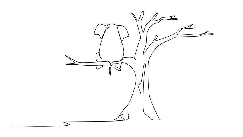 Self drawing animation of single one line drawing elephant sitting on large dry tree branch. Massive poaching targets ivory. Climate change. National Endangered Species Day. Full length animated