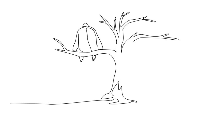 Animated self drawing of single continuous line drawing gorilla sitting on a big dry tree branch. Unable to survive. Damage. Extinct. National Endangered Species Day. Full length single line animation