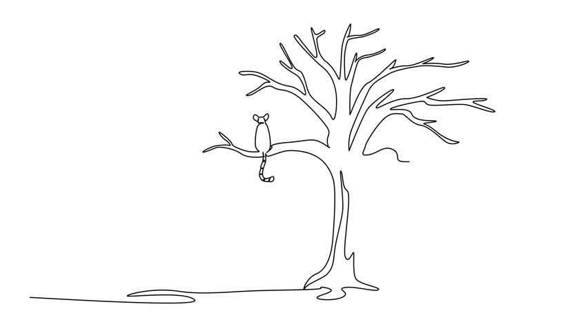 Animated self drawing of continuous line drawing lemur sitting on large dry tree branch. Global warming. Extreme climate change. National Endangered Species Day. Full length single line animation