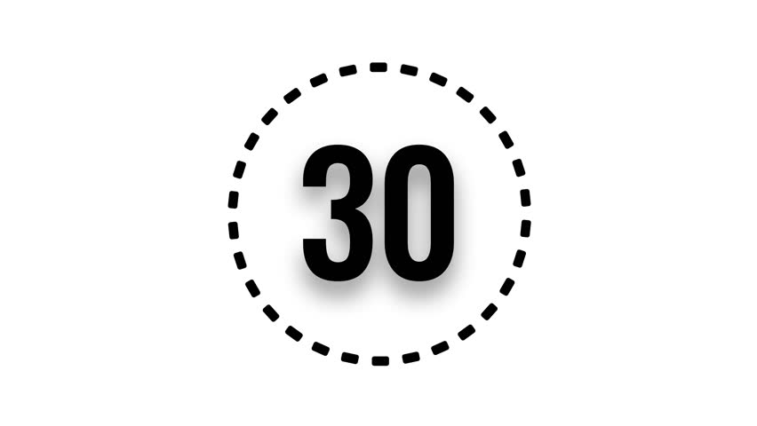 30 second countdown timer with black numbers and drop shadow inside dashed circle on white background