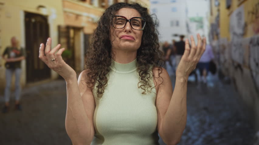 Woman raising her hands in a puzzled gesture on a bright city street lined with historic buildings; confusion and frustration.