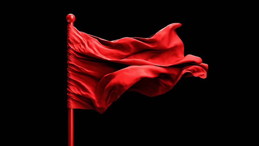 Red flag billows wave against black background. Bad unhealthy relationship concept. Warning sign. Danger, protect. Negative character traits. Idiom, potential problem metaphor. Signifies issues.