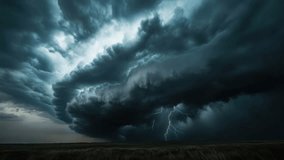 Dark menacing clouds swirl above stormy landscape, chaos. Striking flashes of lightning, dramatic atmosphere. Powerful energy of storm nature force. Vast open field, towering clouds, bad weather, fury - Powered by Shutterstock - Get 15% off with code: PIKWIZARD15