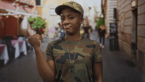 Woman soldier in camouflage uniform flexes fist on street under warm sunlight; determination resilience. - Powered by Shutterstock - Get 15% off with code: PIKWIZARD15
